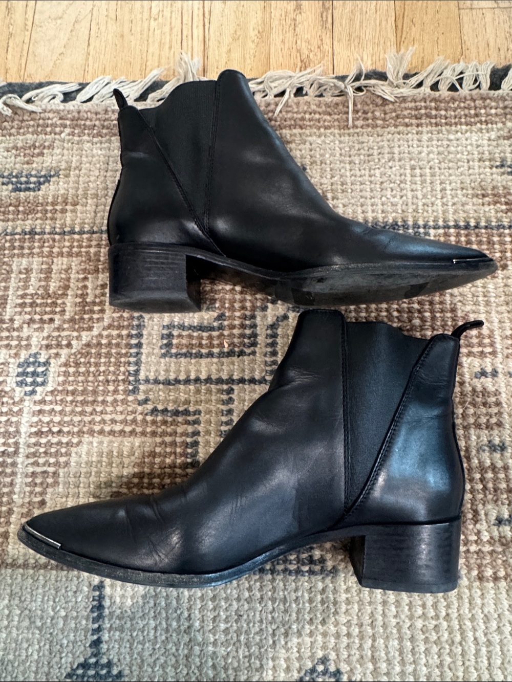 Acne Black Leather Pointed Ankle Boots with hardware detail